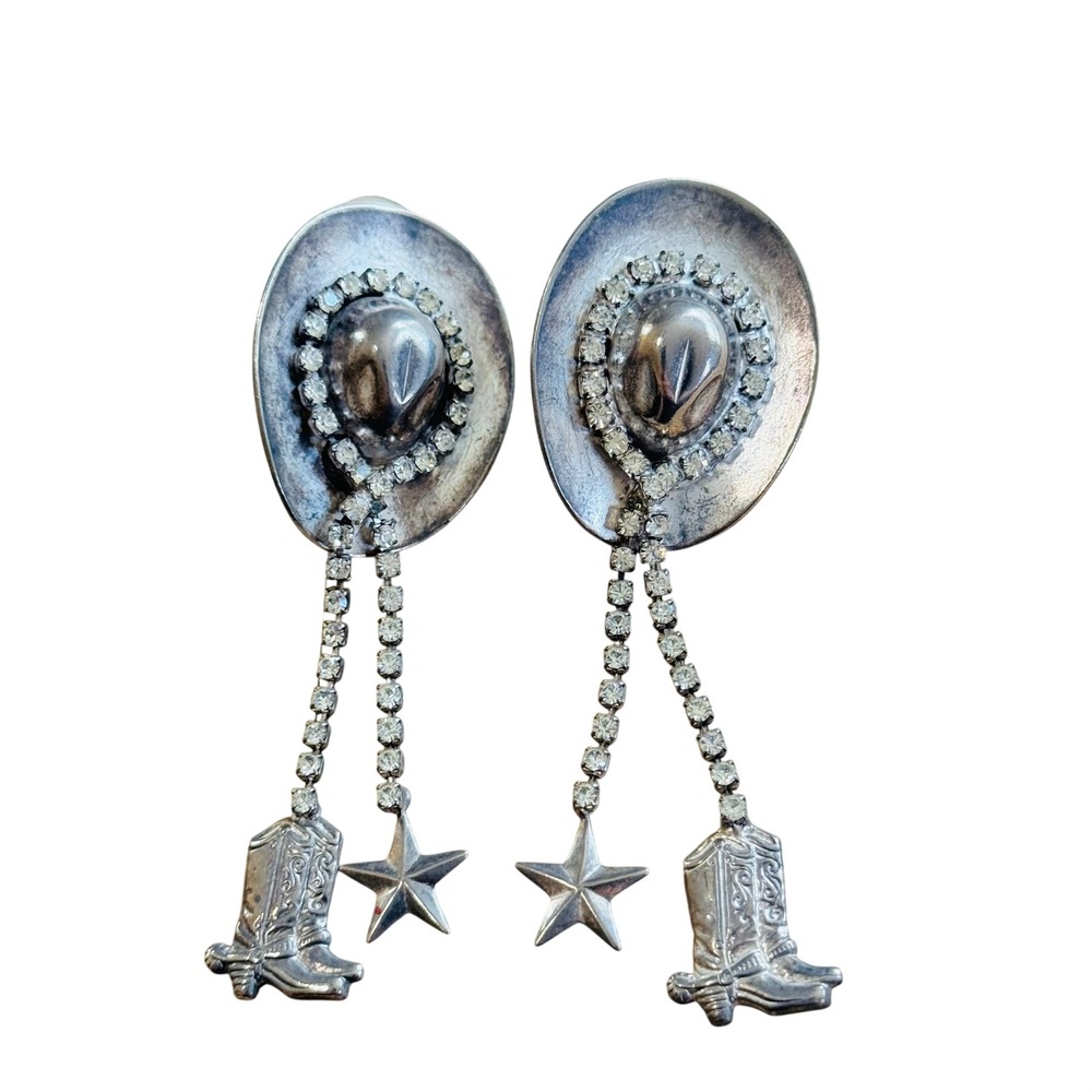 Chunky Cowboy Boots Hat Earrings Western Star Silver Rhinestone‎ Pierced Dangle